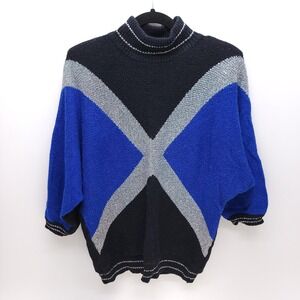 Vintage Blue Geometric Pattern Sweater Womens 80s Mid Sleeve‎